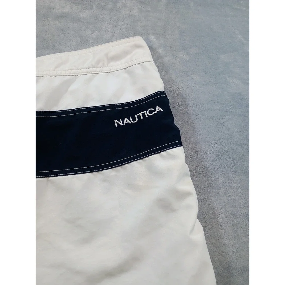 Nautica Mens Board Shorts White Navy 32W‎ Colorblock Swim Trunks